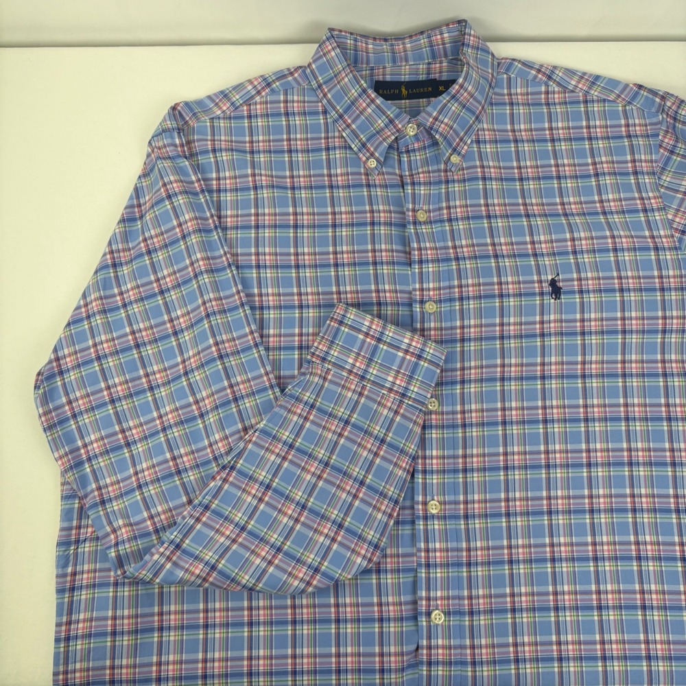 Ralph Lauren Mens Plaid Button Down Shirt Blue Pink Cotton Long‎ Sleeve Pony XL